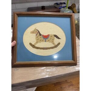 Vintage Rocking Horse Needlepoint Framed Wall Art Nursery Decor 14x12